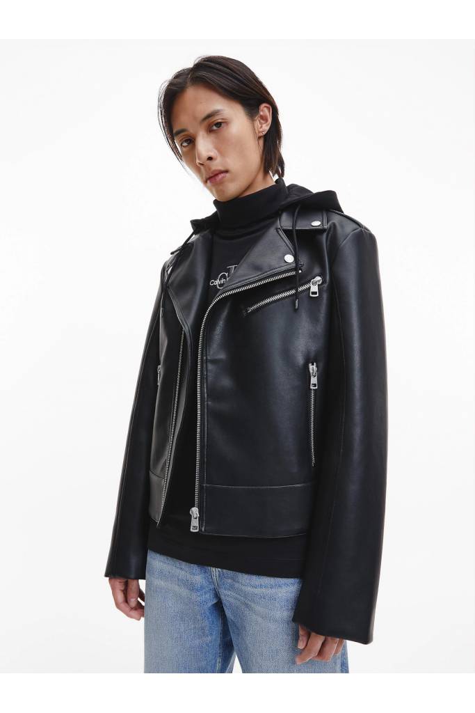 Przód męska kurtka motocyklowa ze skóry ekologicznej z kapturem calvin klein jeans J30J322301 Przód męska kurtka motocyklowa ze skóry ekologicznej z kapturem calvin klein jeans J30J322301