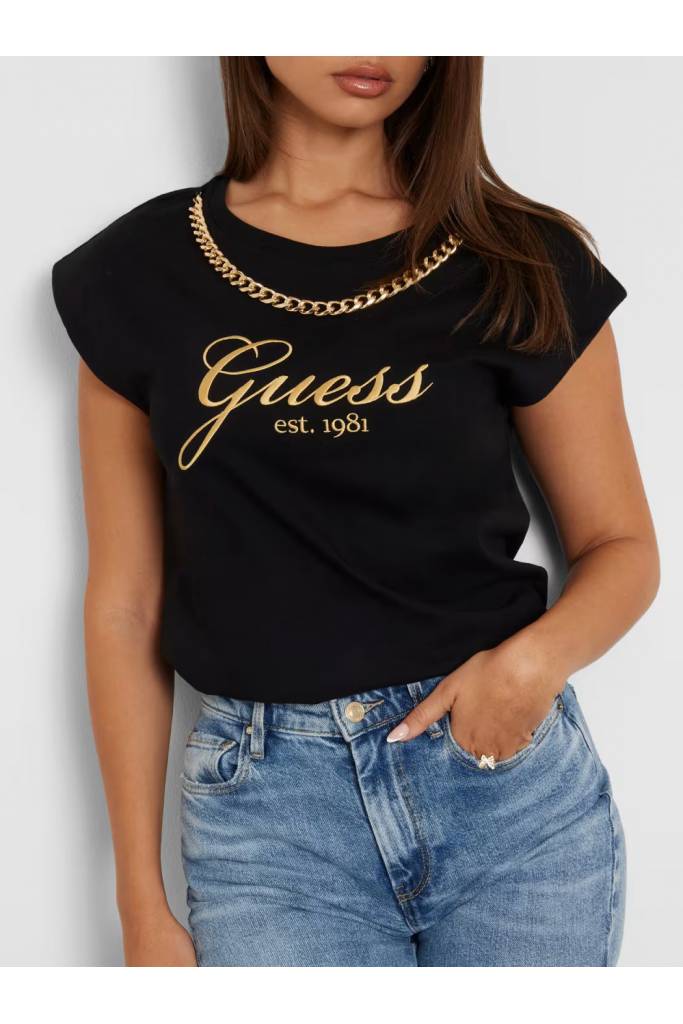 Detal stylizacja damski t-shirt z łańsuszkiem crystal guess W4YI16 I3Z14