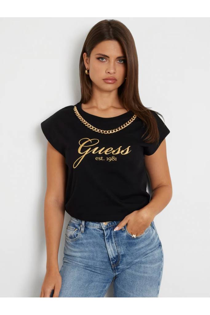 Przód damski t-shirt z łańsuszkiem crystal guess W4YI16 I3Z14