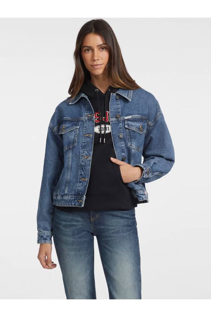 Przód damska kurtka jeansowa oversize trucker guess jeans W4YN56 D5CC3