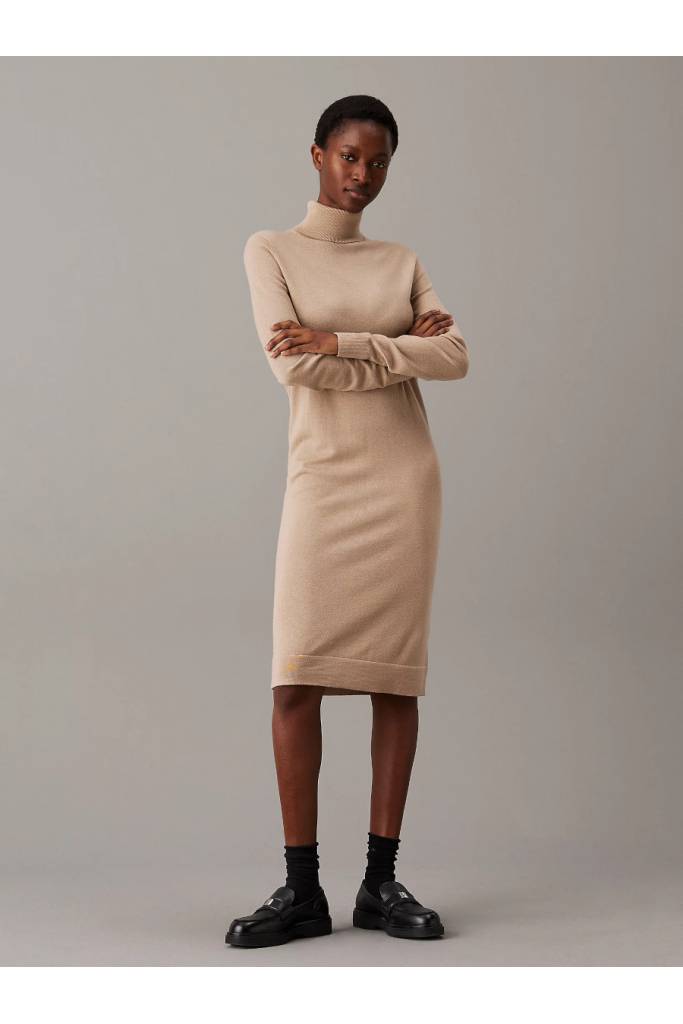 Przód damska sukienka dzianinowa merino wool knee dress calvin klein K20K207485