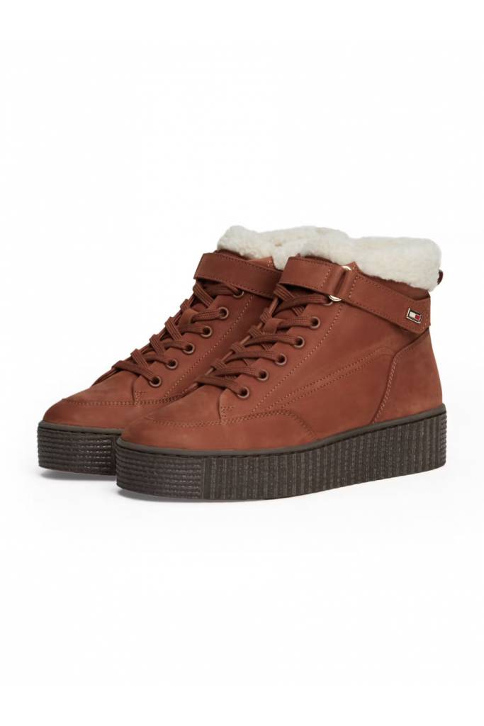 Przód damskie botki skórzane faux fur nubuck low lace-up tommy hilfiger FW0FW08172