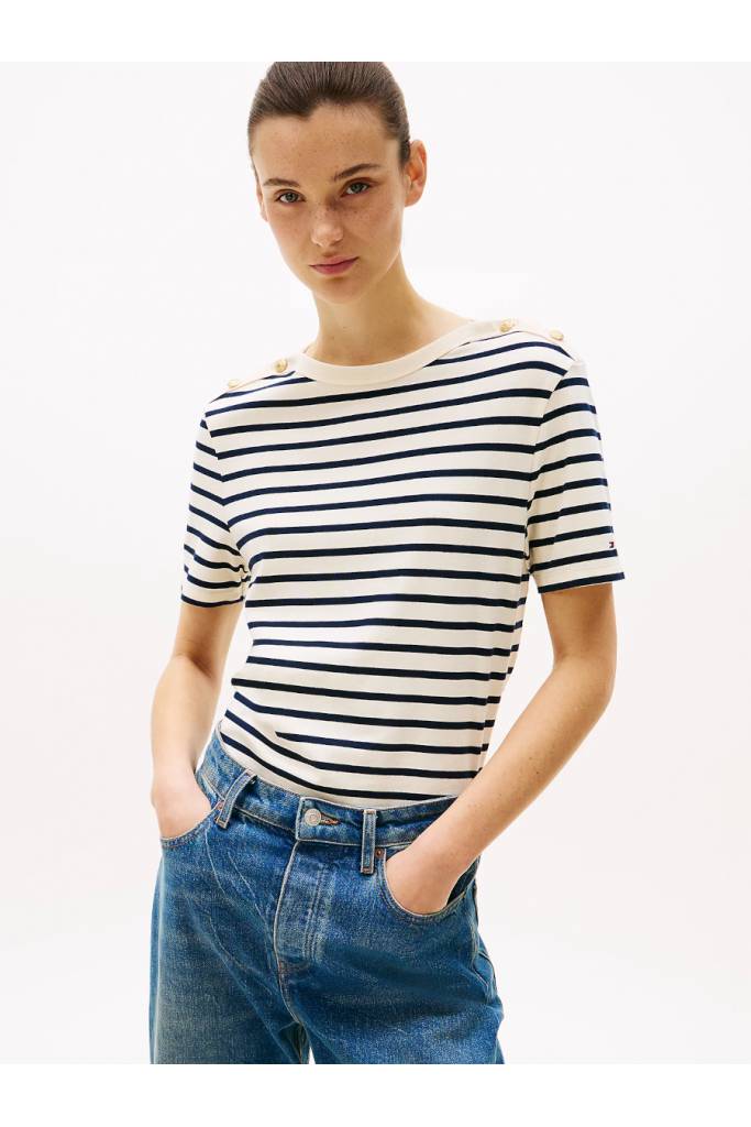Przód damski t-shirt gold button stripe tommy hilfiger WW0WW42907