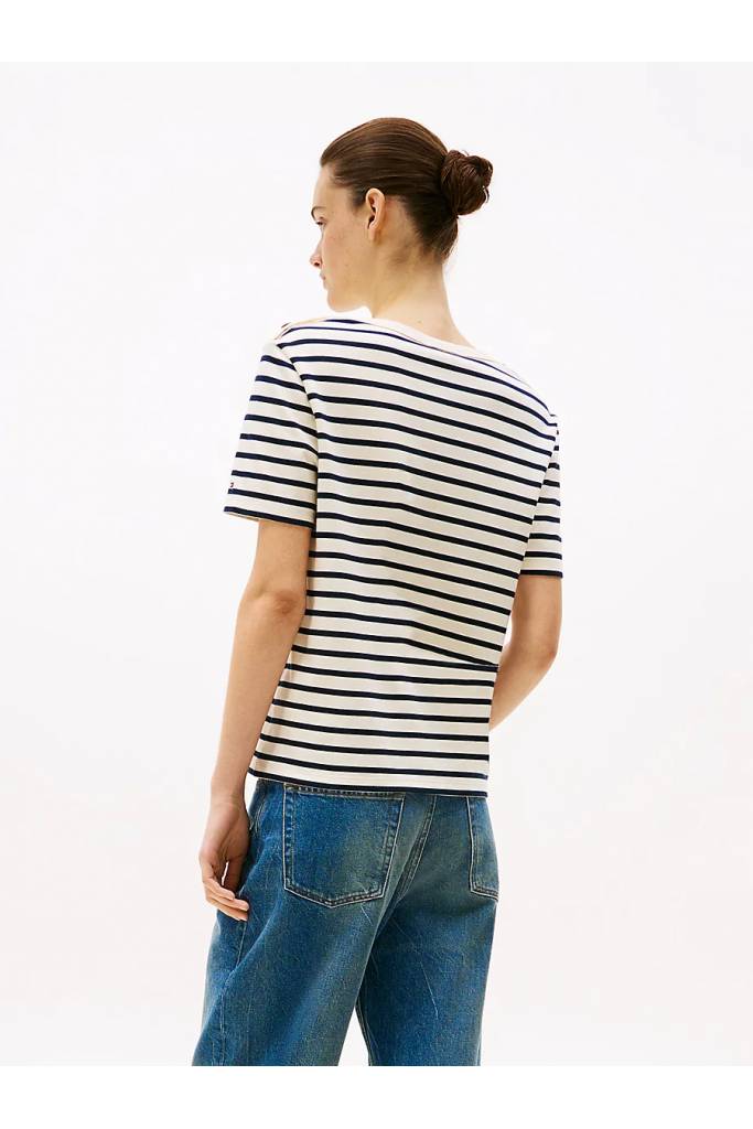 Tył damski t-shirt gold button stripe tommy hilfiger WW0WW42907 Tył damski t-shirt gold button stripe tommy hilfiger WW0WW42907