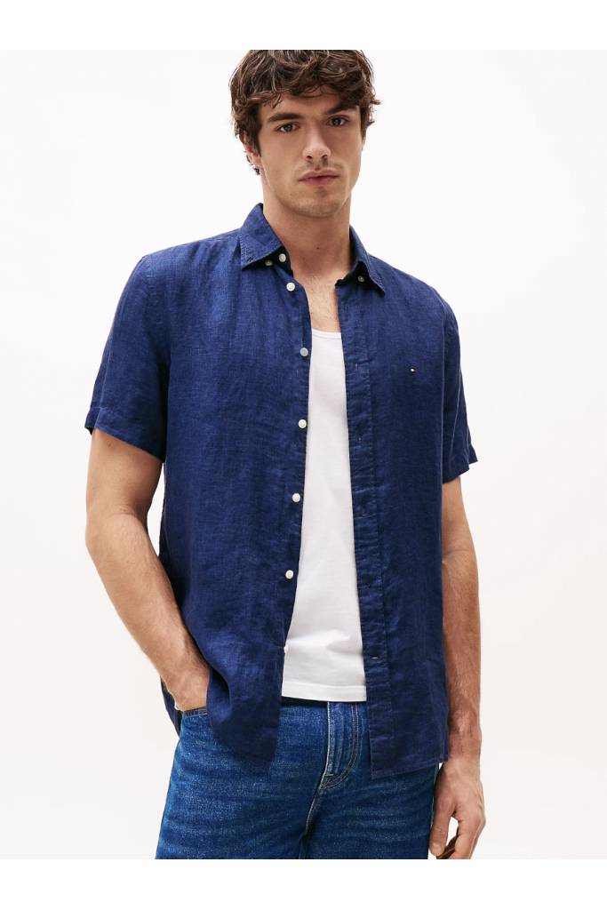 Przód męska lniana koszula z krótkim rękawem pigment dyed tommy hilfiger MW0MW35207