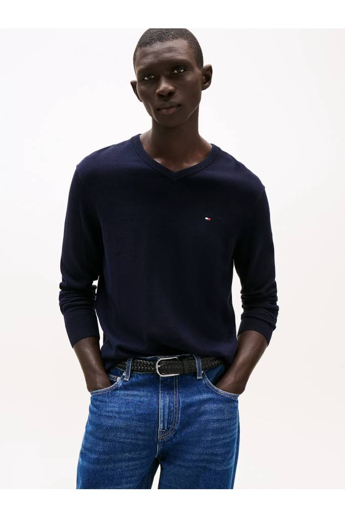 Przód męski sweter w serek essential cotton tommy hilfiger MW0MW14745